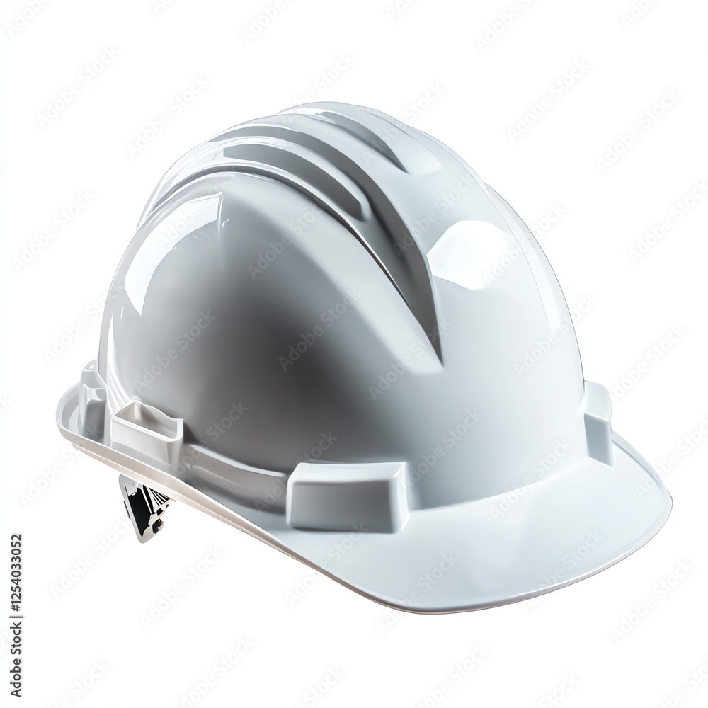 Fototapeta premium Sturdy white hard hat illustrating safety in construction. This helmet symbolizes protection, reliability, and the importance of safety gear in workplace environments.