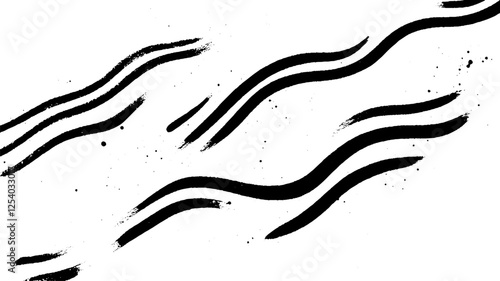 Abstract black brush strokes on a white background, creating a flowing pattern. The design features wavy lines and splatters, evoking a sense of movement and creativity.