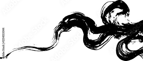 An abstract black ink illustration resembling a flowing snake or ribbon, with smooth curves and dynamic lines against a white background.