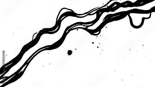 An abstract black ink splash design with flowing lines and splatters on a white background, creating a dynamic and artistic visual effect.