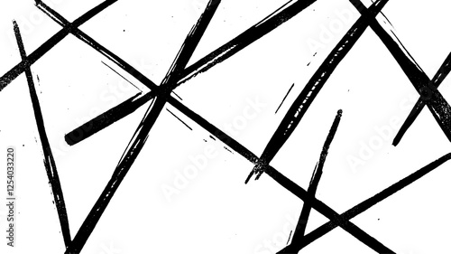 An abstract black and white pattern featuring intersecting lines and strokes, creating a dynamic and chaotic visual effect.