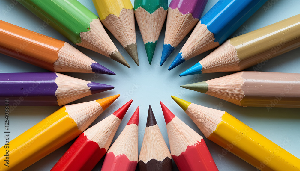 Fototapeta premium Creative Arrangement of Multicolored Pencils on a Blue Background 