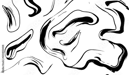 An abstract design featuring flowing black lines on a white background, creating a sense of movement and fluidity.