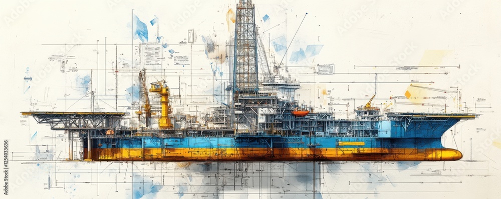 Fototapeta premium Vibrant Technical Sketch of a Modern Offshore Blue and Yellow Oil Platform