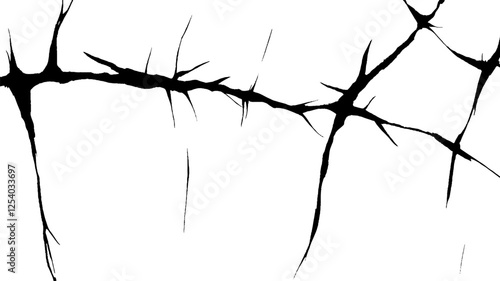 An abstract black and white illustration featuring jagged, thorn-like shapes resembling cracks or branches against a white background.