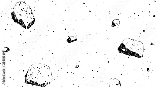 A black and white illustration of various asteroids floating in space, with a scattered background of smaller rocks and particles.