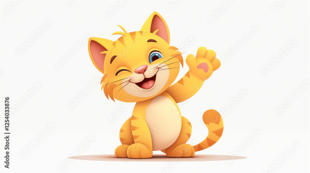 Obraz premium Cheerful cartoon cat waving happily with a playful expression against a simple background