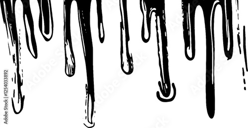 A graphic illustration of black paint or liquid dripping downwards, creating a textured effect. The drips vary in thickness and length, adding a dynamic visual element.
