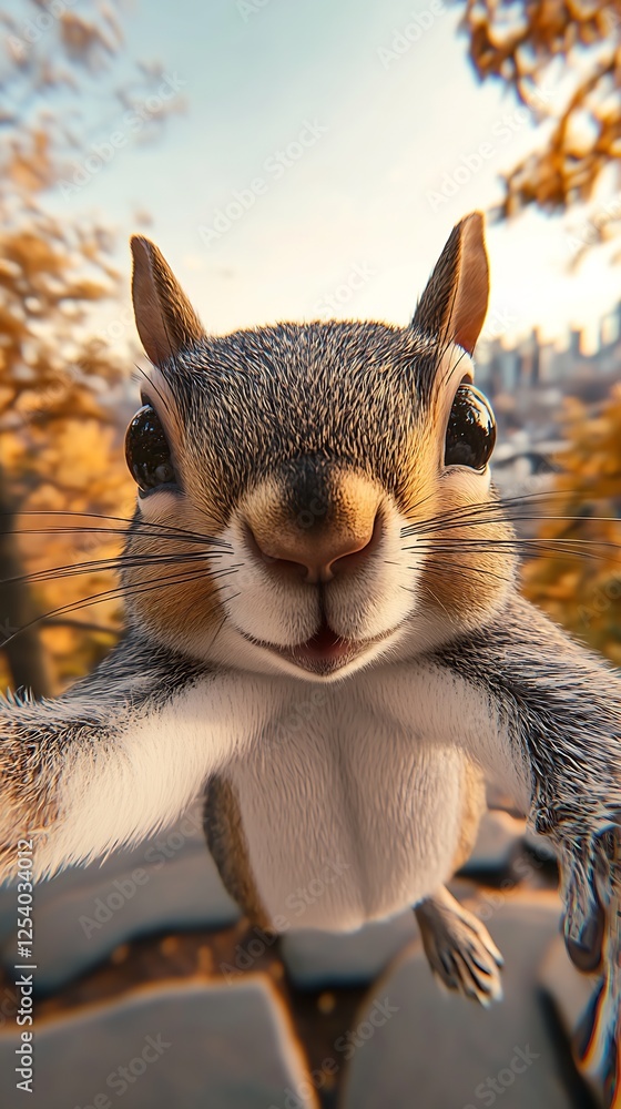 Obraz premium Close Up of a Cheerful Squirrel Enjoying Autumn in a Scenic Park Setting : Generative AI