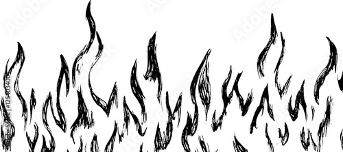 A stylized illustration of flames, featuring various shapes and sizes of fire tongues in black on a white background.