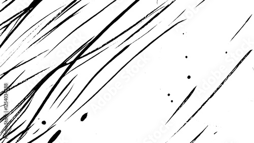 An abstract black and white design featuring dynamic, sweeping lines and scattered dots, creating a sense of movement and energy.