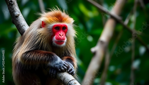 a monkey with a red face sitting on a tree branch photo