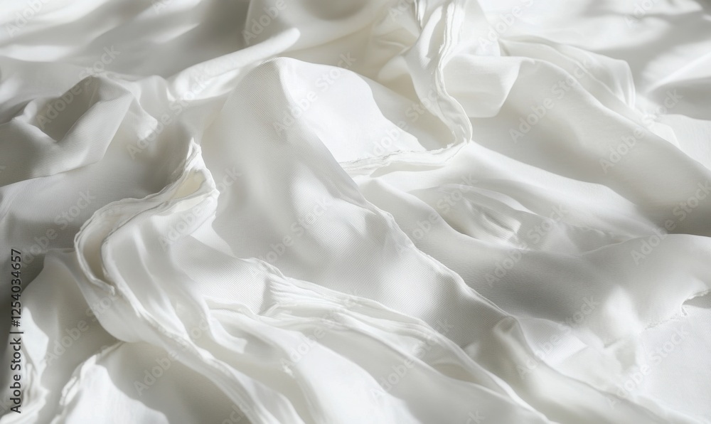 White fabric texture, draped folds, sunlight, background blur, textile design White fabric texture, draped folds, sunlight, background blur, textile design