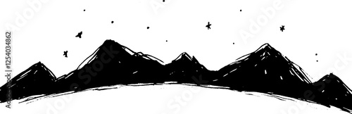 A minimalist black and white illustration of mountains under a starry sky. The mountains are jagged and stylized, with stars scattered above them.