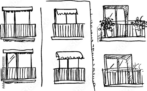 A hand-drawn illustration featuring six different balcony designs. The balconies vary in style, with some having awnings and others adorned with plants. 