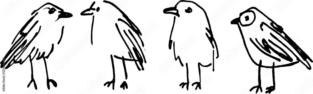Φωτογραφία A collection of four simple, hand-drawn bird illustrations, each with distinct features and postures, showcasing a playful and artistic style