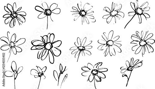 A collection of hand-drawn sketches of flowers, showcasing various styles and perspectives. The flowers are depicted in simple black lines on a white background, emphasizing their delicate shapes.