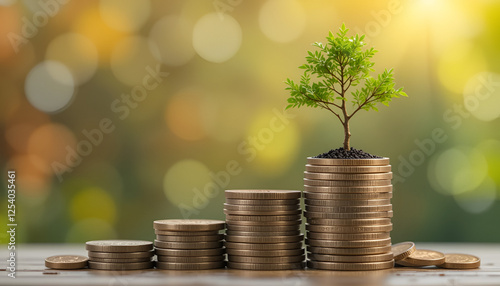 It is a stack of coins with a young tree as the background changes with the seasons.