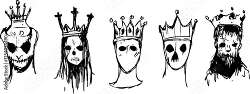 A collection of five stylized, eerie crown-wearing heads, each with unique features. 