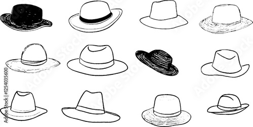 A collection of various hat designs illustrated in black and white. The hats include fedoras, sun hats, and cowboy hats, showcasing different styles and shapes.
