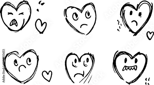 A collection of six hand-drawn heart emojis expressing various emotions. The hearts display anger, sadness, confusion, and other feelings, with exaggerated facial features.