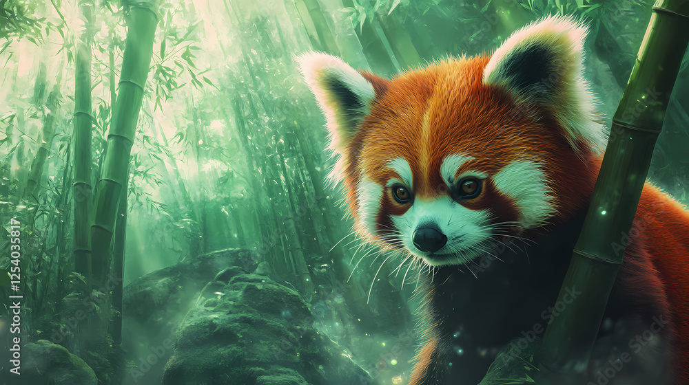 Red panda in holographic bamboo forest, futuristic, cool green hues, watercolor, ethereal and detailed environment, magazine photography. Holographic Wildlife. Illustration Red panda in holographic bamboo forest, futuristic, cool green hues, watercolor, ethereal and detailed environment, magazine photography. Holographic Wildlife. Illustration