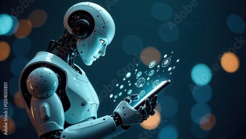 Robot Interacting with Smartphone and Holographic Icons, Artificial Intelligence and Mobile Technology Concept. Futuristic User Interface, Automation and Innovation.