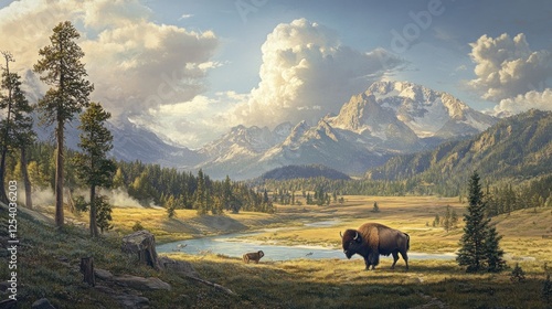 Wallpaper Mural Majestic Bison in a Serene Mountain Valley Torontodigital.ca