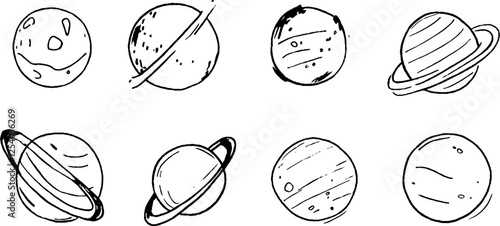 A collection of hand-drawn illustrations of planets, featuring various designs including rings and textures, arranged in a grid format.