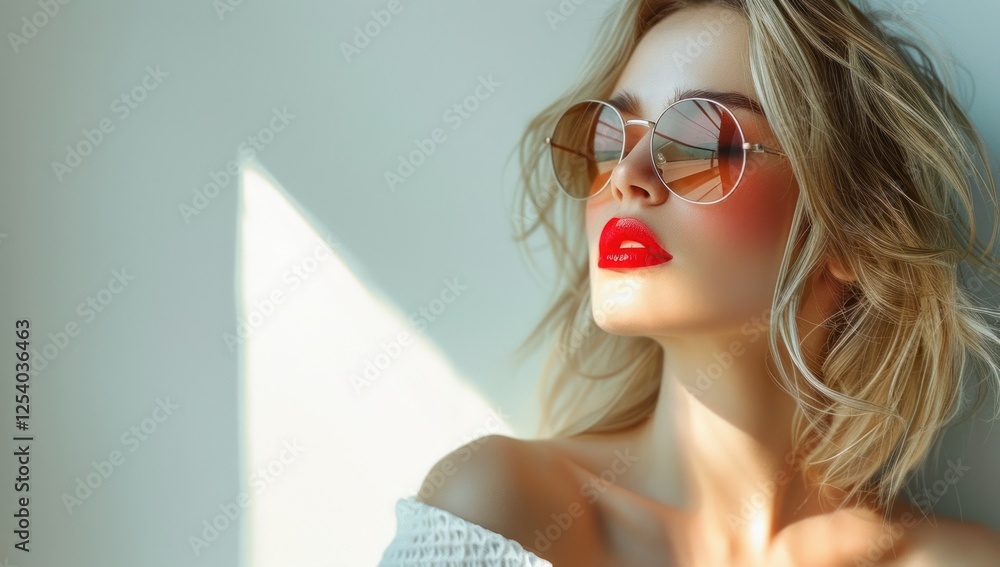 Fototapeta premium Blond Woman Wearing Sunglasses and Red Lipstick