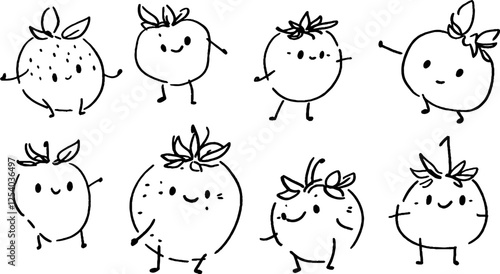 A playful illustration of various cartoon-style fruits, including tomatoes and oranges, with smiling faces and little arms and legs, showcasing different poses and expressions.