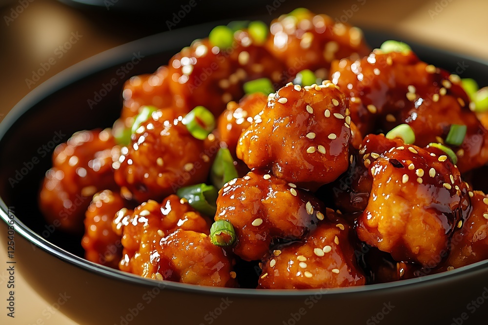 Savory and Sticky Asian Style Chicken Bites With Sesame Topping and Green Onion Garnish : Generative AI Savory and Sticky Asian Style Chicken Bites With Sesame Topping and Green Onion Garnish : Generative AI