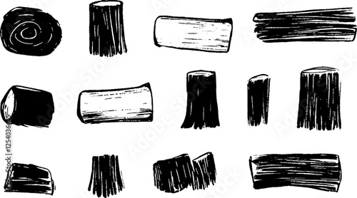 A collection of hand-drawn black and white wood logs and stumps in various shapes and sizes, showcasing different textures and patterns.