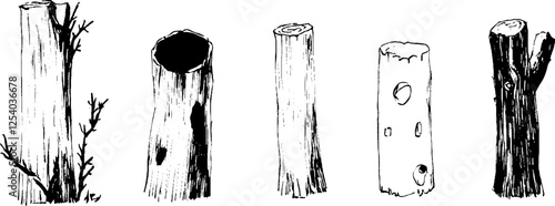 A collection of five different types of tree stumps and logs, showcasing various textures and shapes. Some have branches, while others are hollow or have distinctive markings.