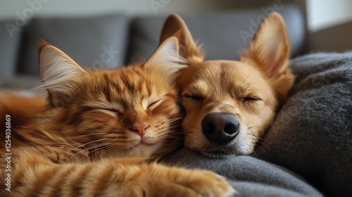 Two Loving Pets Orange Tabby Cat and Corgi Dog Sleeping Peacefully in Soft Blanket : Generative AI photo