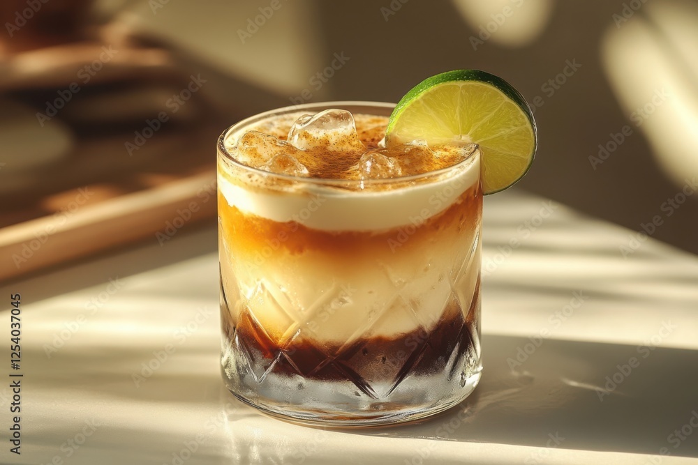 A glass of layered dirty soda with cream sits on a clean, contemporary table, accented by a lime wedge. Dramatic lighting highlights the precision and contrast of textures and colors A glass of layered dirty soda with cream sits on a clean, contemporary table, accented by a lime wedge. Dramatic lighting highlights the precision and contrast of textures and colors