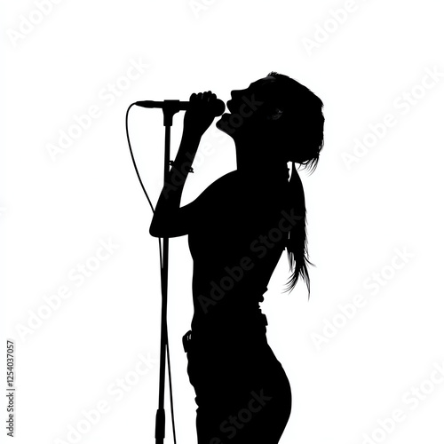 A striking silhouette of a woman singing passionately into a microphone, embodying the spirit of music and performance. The image captures her vibrant energy and dedication to art.
