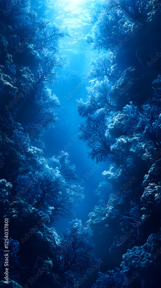Fototapeta premium Underwater Coral Reef Exploration: Discover Blue Depths and Vibrant Marine Life in Tranquil Ocean Ecosystems