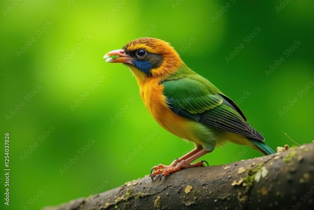 Golden-whiskered barbet foraging, lush green background, bird photography, ornithology, golden-whiskered barbet Golden-whiskered barbet foraging, lush green background, bird photography, ornithology, golden-whiskered barbet