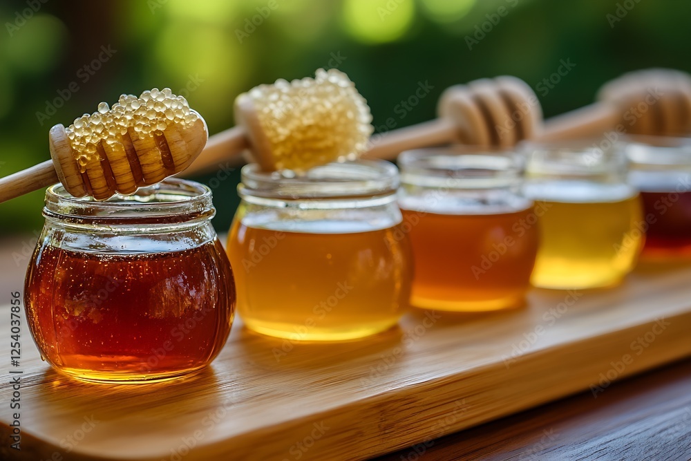 Delicious Honey Drizzling from a Dipper Over an Array of Colorful Honey Jars : Generative AI Delicious Honey Drizzling from a Dipper Over an Array of Colorful Honey Jars : Generative AI