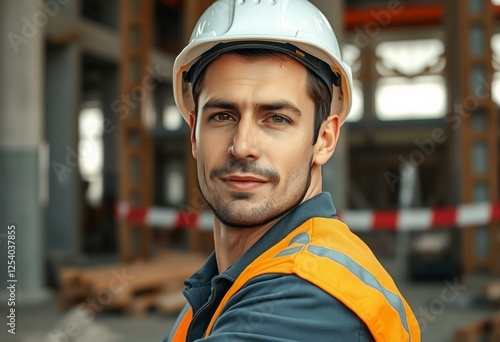 Male constructor worker on a construction site photo