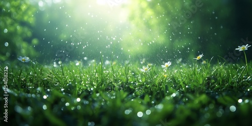 Fototapeta Naklejka Na Ścianę i Meble -  Fresh rain falling on green grass and flowers in spring