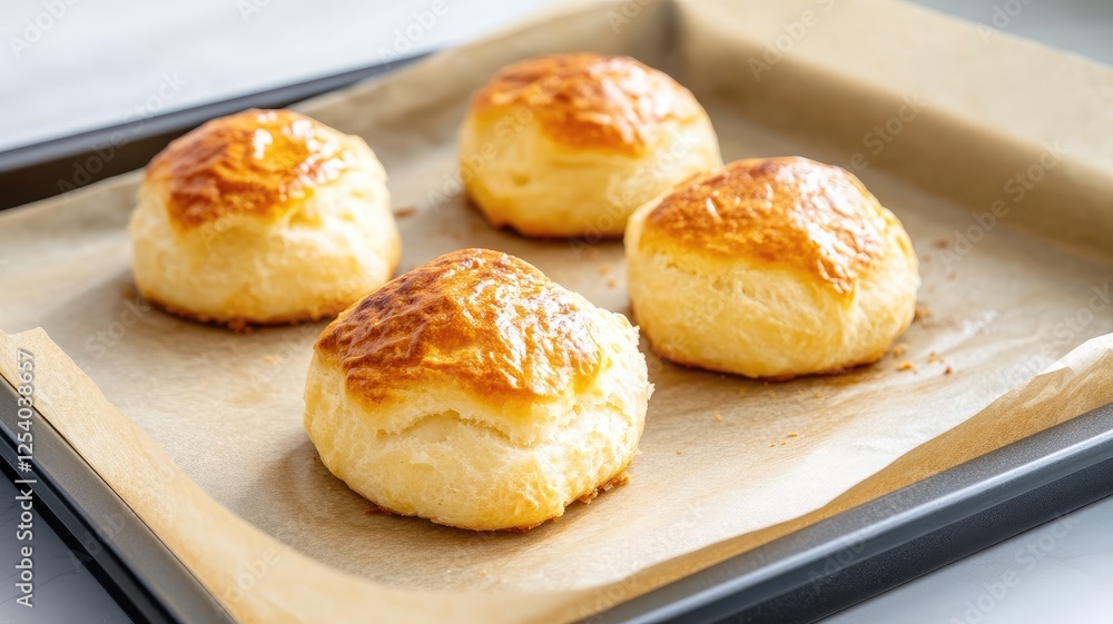 Four freshly baked scones on parchment paper in baking tray Four freshly baked scones on parchment paper in baking tray