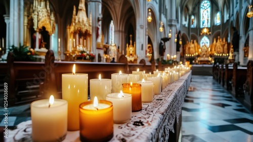 A row of burning candles provides warm light in a church, symbolizing faith and prayer during Maundy Thursday, Good Friday, and Easter services