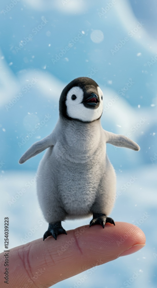 Fototapeta premium Cute baby penguin, miniature, standing on human finger, fluffy feathers, realistic details, snowy background, blue sky, bokeh effect, adorable pose, macro photography, high contrast, winter scene, mag