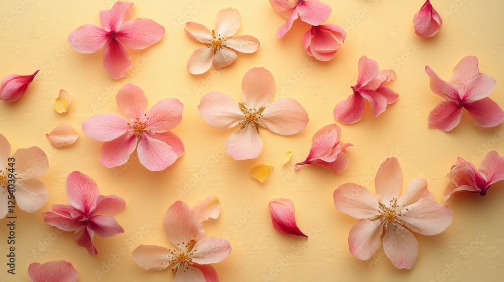 Soft pink crabapple blossoms and petals arranged on light background Soft pink crabapple blossoms and petals arranged on light background