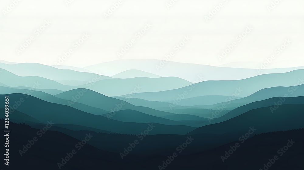 Serene Teal Mountain Ranges Under a Pale Sky Serene Teal Mountain Ranges Under a Pale Sky