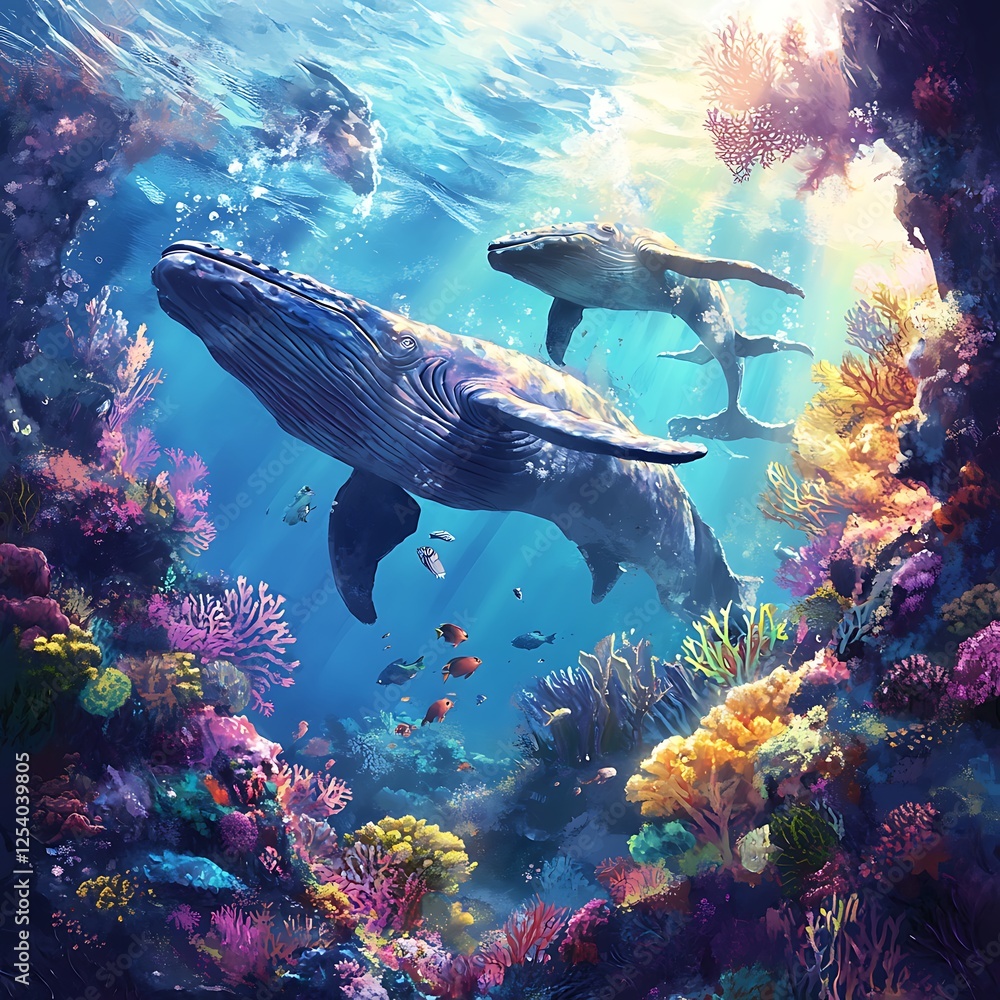Fototapeta premium Stunning humpback whale drifting gracefully above colorful coral reef filled with vibrant life