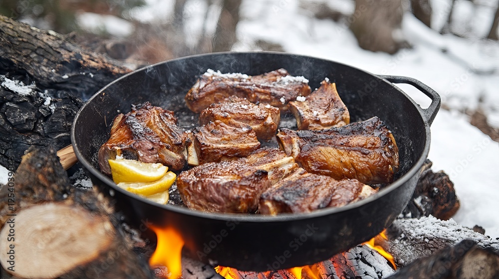 Delicious Grilled Pork Ribs Cooking on Campfire Winter Season Outdoor Food Tasty Barbecue Meat Delicious Meal Preparation Smoked Flavors Wintertime   