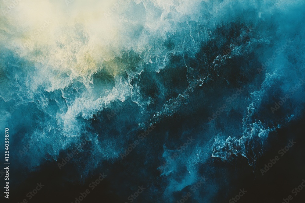 Obraz premium A dramatic surge of frothy ocean waves conveys power and motion, with deep blues and whites creating a sense of awe and mystery.